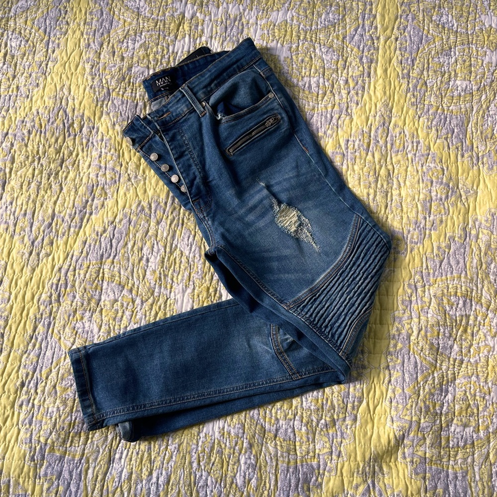 BLUE SKINNY STRETCH BIKER JEANS distress with front zipper pockets. size 36 Mens